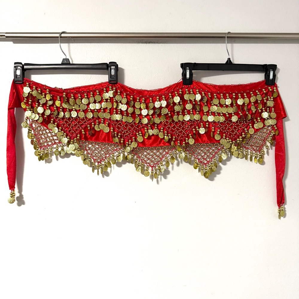 Red Gold Coin Belly Dance Hip Scarf Satin Crochet Mesh Wrap Belt Performance - Picture 1 of 6